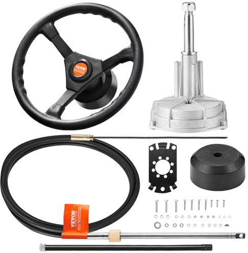 VEVOR Kit de sistema de dirección fueraborda, cable de control de barco de 14 pies, eje cónico estándar de 3/4, volante de 13,5, sistema de dirección marina de aluminio para barcos de pesca y yates