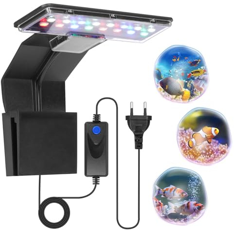 Adiwo Lampe Aquarium, 9W 600LM Eclairage tricolore Lampe à Pince pour Aquarium, 16 Perles de Lampe LED LED Lampe Aquarium, Convient pour Aquarium de 6 mm d'épaisseur, pour Poisson et Plantes (Noir)