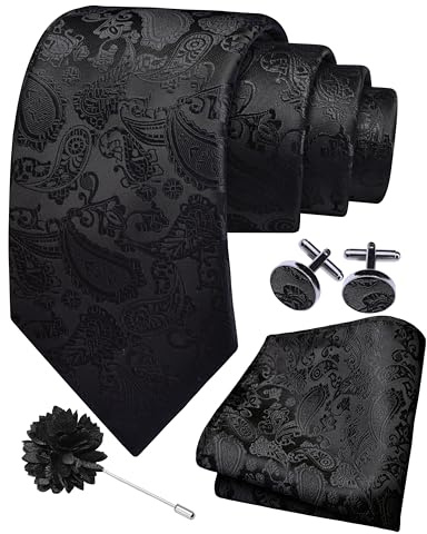 GUSLESON Paisley Black Tie Mens Classic Wedding Necktie Pocket Square Cufflinks and Lapel Pin Brooch Set (6105-08)