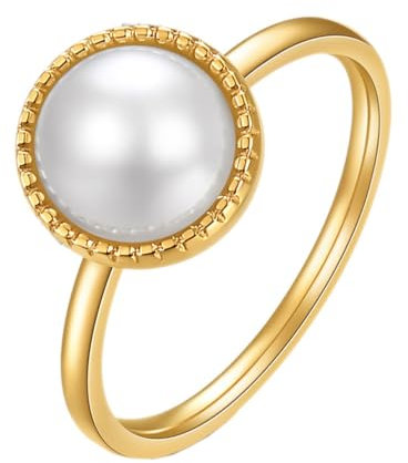 PAURO Damen Edelstahl Minimalistischer Hochglanzpolierter Schlank Perlenring Gold Größe 54 (17.2)