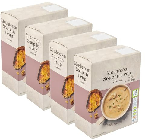 4 x 4pk (16 Sachets) Premium Instant Mushroom Soup in a Cup Mix with Croutons, 125 Calories Per Sachet, Vegetarian