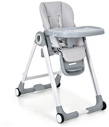 GOPLUS Baby Hochstuhl, Kinderhochstuhl höhenverstellbar mit verstellbarer Rückenlehne und Fußstütze, abnehmbare Doppeltabletts und Sitzkissen, Esszimmerstuhl mit Rollen für Baby 6-36 Monate