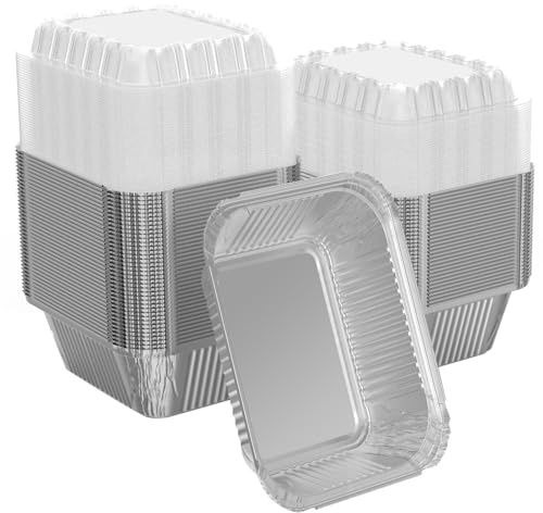 iHomeSet Paquete de 30 recipientes rectangulares desechables de aluminio de 1 libra de 16 onzas con tapas de cúpula de plástico transparente, para catering, hornear, asar alimentos