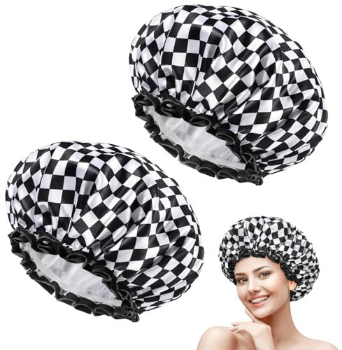 VireEyU Grande cuffia da doccia per donne con capelli lunghi, confezione da 2, elegante design a scacchi, doppio strato, impermeabile, riutilizzabile, lavabile, senza odori per cuffia da notte (L)