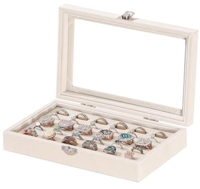 Caja organizadora de anillos con 30 ranuras para joyas, anillos, gemelos, caja de almacenamiento, pequeño joyero para viajes, bonitos regalos para niñas, beige (beige)