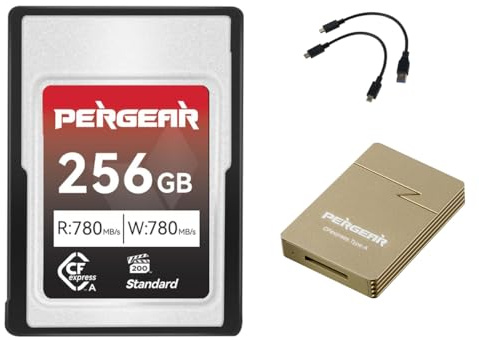 PERGEAR CFexpress Tipo A 256 GB Tarjeta de Memoria con Lector de Tarjetas | Velocidad de Lectura de Hasta 780MB/s y Velocidad de Escritura de Hasta 780MB/s, para 4K/8K, para Cámara Sony Alpha FX Series