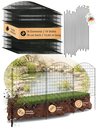 Zaun Teichzaun Steckzaun für Garten 18 Zaunelemente Gartenzaun V2Aox | Oberbogen, Schwarz, 78 cm hoch, Metall, Gitterzaun, Hundezaun, 6 x 6 cm