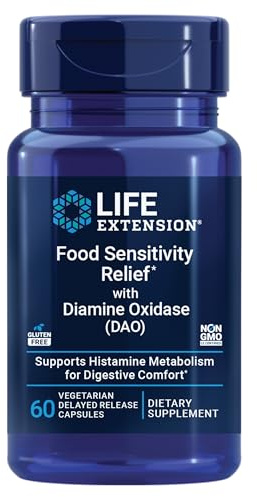 Life Extension Food Sensitivity Relief with Diamine Oxidase (DAO), Occasional Gas, Digestive Comfort, histamine Sensitivity, DAO Enzyme Supplement, Gluten Free, Non-GMO, Vegetarian, 60 Capsules