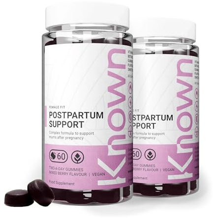 Known Postpartum Support Gummies – Mixed Berry Flavour – Vegan Multivitamin Gummy Supplement with Iron, Biotin, Choline & Vitamins – Post Pregnancy Recovery & Energy – 2 Month Supply – for Women