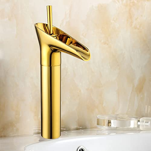 Wasserfall Wasserhahn Bad Gold Wasserhahn Messing Waschtischarmatur, Heißes und Kaltes Wasser Mischbatterie Bad Armatur, Hoch Einhebel Waschbecken Armaturen