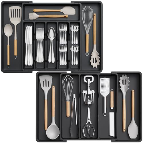 Lifewit Besteckkasten für Schubladen Set, Erweiterbarer Großer Besteckkasten für Küche, Verstellbarer Besteckeinsatz für Schubladen, Kunststoff Küchenutensilien Organizer für Backen/Besteck, Schwarz
