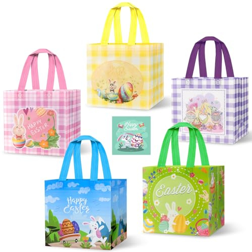 Geschenktüten Ostern, 5 PCS Ostereiersuche Taschen mit Griffen, Ostertüten zum Befüllen, Wiederverwendbare nicht Gewebte Tasche für Kinder Ostern Party Supplies Süßigkeiten Geschenke Säcke