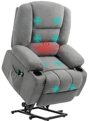 HOMCOM Fernsehsessel mit Aufstehhilfe Elektrisch Relaxsessel Dunkelgrau | Liege-, Wärme- und Massagefunktion, Massagesessel, Breite Sitz, Fernbedienung, Seitentasche, Becherhalter, Chenille-Optik