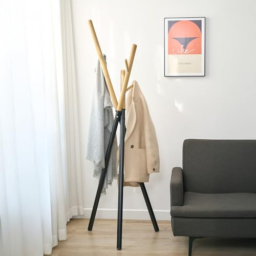[en.casa] Appendiabiti da Terra Stand Treppiede con 3 Bracci e Finitura Effetto Legno Porta Abiti Moderno in Acciaio Autoportante 172 x 49 x 49 cm Nero