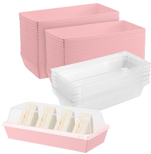 MOUYAT 100 Pack Charcuterie Boxes with Clear Lids, 19 x 8.5 x 6.5cm Pink Long Food Cardboard Cookie Boxes for Sandwich, Charcuterie, Bakery, Cake Packaging, Cupcakes