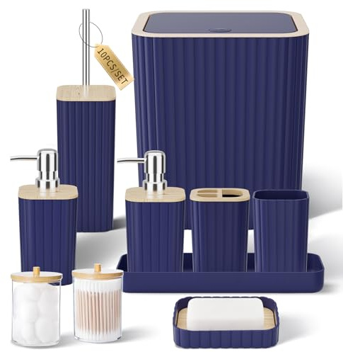XLHOMO Badezimmerzubehör-Set - Elegantes blaues Badezimmer-Set, 10-TLG Badezimmerzubehör-Set, Toilettenbürste, Abfalleimer, Wattestäbchenhalter Spender & Seifenspender