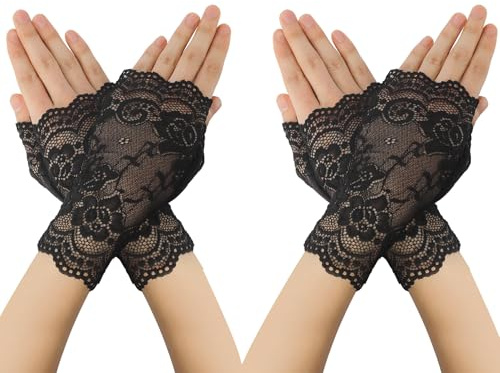 KEAHND Short Lace Fingerless Gloves,2 Pairs Floral Lace Half Finger Gloves,For Halloween Parties,80's Fancy Dress Party,Weddings,Outdoor Events