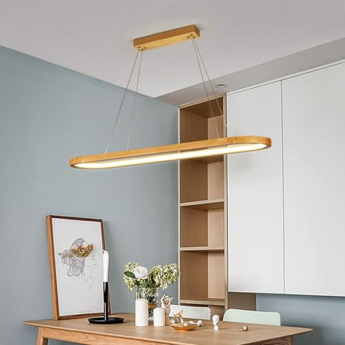 Aleaty LED Holz Dimmbar Pendelleuchte Moderner Oval Kronleuchter Esstisch Büro Esszimmerlampe Höhenverstellbar mit Fernbedienung Hängelampe für Esszimmer Schlafzimmer Wohnzimmer (Holz, 90cm)