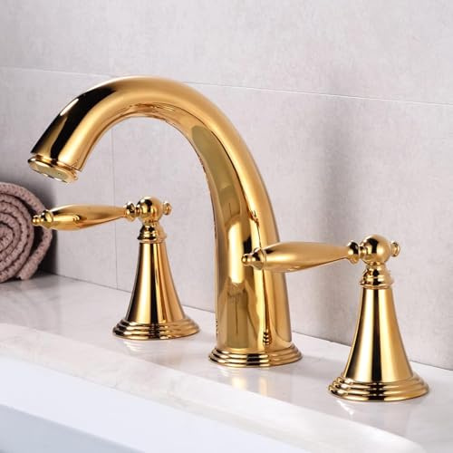 Einhebelmischer Retro, Waschbeckenarmatur Aus Messing, Warm- Und Kaltwassermischer, Einhebelmischer Mit Zwei Griffen, DREI-Loch-beckenarmaturen, Mischbatterien Für Das Waschbecken, Gold