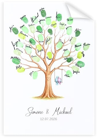 KATINGA Poster zur Hochzeit – Bild für Fingerabdrücke mit Baum - Personalisiert – Hochzeitsbaum – Gästebuch als Geschenkidee (A4 personalisiert)