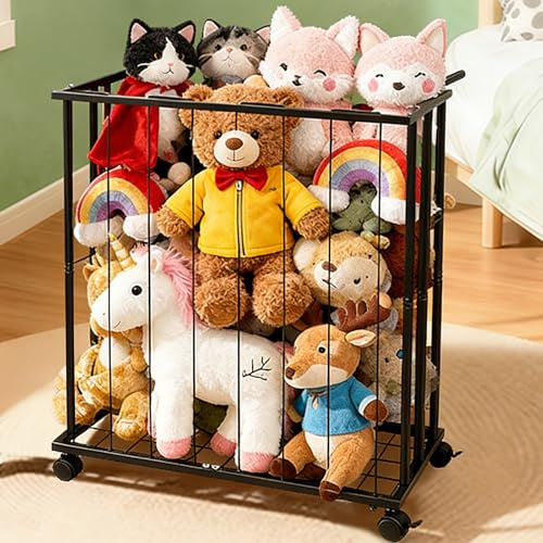 Stuffed Animal Storage with Wheel Ball Storage Sports Balls Cart Metal Garage Organizer Spring Rope Rack Ball Basket Balls Cage for Gym Indoor Outdoor Large Capacity Toy Holder for Kids Room