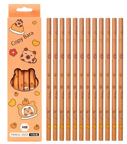 12PCS Capybara Wooden Pencils,Capybara Pencils Set,HB Graphite Wooden Pen/cils,Cylinder Pe/ncil,Cute Cartoon Pattern Pe/ncil,P/encil Leads,Cute Stationery Set for School and Office,Scented,Portable