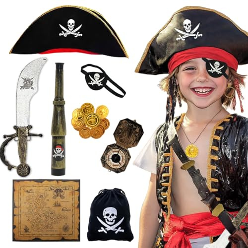 PeakPeek 9 Teilig Piratenkostüm Kinder, Pirat Kostüm Kinder Set, Piratenhut, Piraten Säbel Augenklappe Pirat Fernrohr Totenkopfbeutel Goldener Ohrring mit Totenkopfbeutel, für Faschingskostüme Kinder