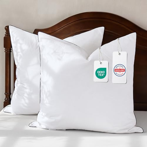 DOWNFOCUS Kopfkissen Gänsefederkissen,Kissen mit Gänsefederfüllung, Ergonomisch optimiert Nackenstützkissen, 80X80cm Kissen 2er Set mit Bezug aus 100% Baumwolle Extra-Baumwollfüllung