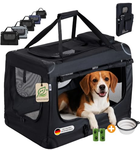 Zedelmaier Hundebox Auto, faltbar, geruchsarm, 70 x 50 x 52 cm, Schwarz | Große Netzfenster, Seitentaschen, Napf, Kotbeutel; faltbare Hundetransportbox für Hund, Rückbank, Zuhause und unterwegs