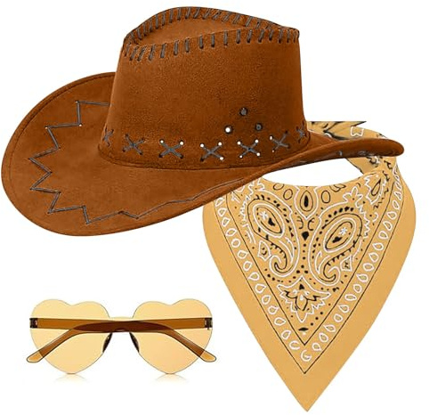 Generisch CowboyHut Damen Herren Fashion Westernhut Cowboyhüte Cowgrilhut Rockstar Randlose Hippie Herzförmige Brille Halstuch Wilder Westen Party Cowgirl Hut Pink KostüM GroßE GrößEn