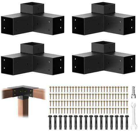 PGGP Pergola Brackets, Heavy Duty 3-Way Pergola Kit for 4x 4 (Actual 3.5 X 3.5) Lumber, Right Angle Corner Bracket with Black Powder Coated (4Pcs 3-Way)