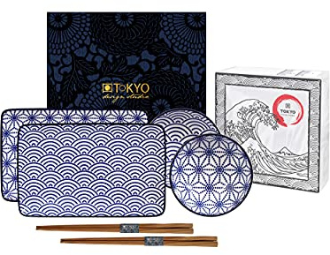 TOKYO design studio Nippon Blue Sushi Set à Sushi Bleu-Blanc, 6 pièces, 2 Assiettes à Sushi, 2 Bols à Sauce, 2 Baguettes, Porcelaine Asiatique, Design Japonais, INCL. boîte Cadeau