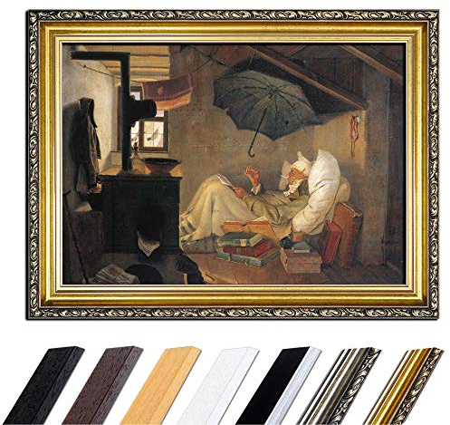 Bilderdepot24 Bild mit Rahmen - Carl Spitzweg Der arme Poet 50x40 cm - Gerahmtes Leinwandbild Alte Meister - Antiker Rahmen Gold Barock, Klassisch