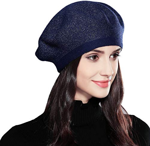 XINQIAO Damen Baskenmützen Stricken Kaschmir Nobel Strasssteine Mode Künstler Hüte(Navy)