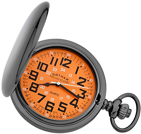 Gotham Men's Gunmetal Railroad Polished Finish Covered Quartz Pocket Watch # GWC15044BR
