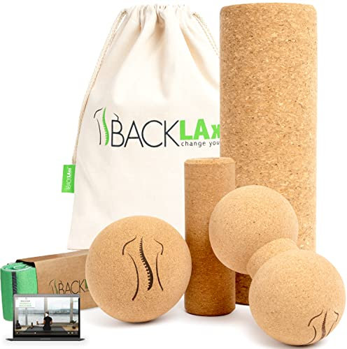 BACKLAXX ® Faszienrolle Set aus Kork – Faszienball und Massageball, Faszienrolle Wirbelsäule, Faszienrolle klein, Faszienrolle Fuß, Faszien Duoball - schadstofffrei, antibakteriell inkl. Videos