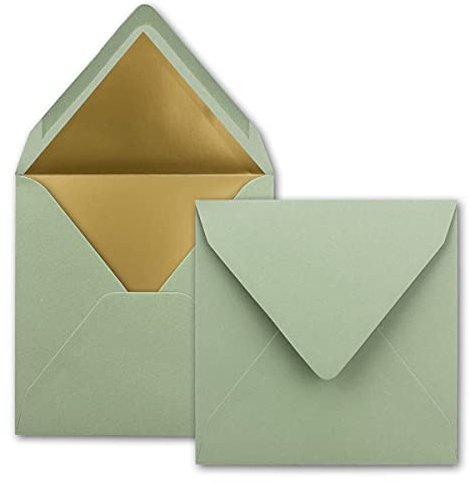 25 quadratische Brief-Umschläge - 15,5 x 15,5 cm, Eukalyptus (Grün) - mit Gold-Papier gefüttert - Nassklebung - FarbenFroh by GUSTAV NEUSER