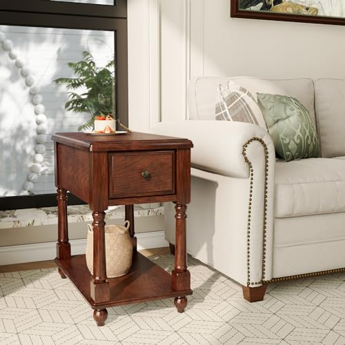 Narrow End SideTable with Drawer and Storage Shelf, Solid Wood Sofa Tables, Slim Beside Table-, Telephone for Small Spaces, Living Room, 22L x 13W x 22.7H No-tools Assembly Dark Walnut BBJ004DWA