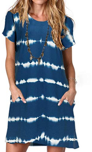 ANCAPELION Damen T-Shirt Kleid Freizeitkleid A-Linie Minikleid Kurz Sommerkleid Lose Tunika Rundhals Langes Shirt Wellig Blau XXL