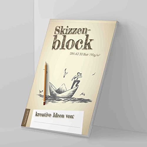 Zeichenblock DIN A3 mit 50 Blatt (blanko), Skizzenblock aus hochweißem Papier mit Matter Oberfläche, 190 g/m², DIN A3/A2 mit Vintage Papierboot Motiv