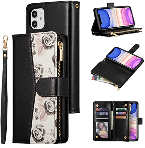 UEEBAI Étui Portefeuille en Cuir PU pour iPhone 11 6.1 inch, Cas avec Rabat Fermeture Magnétique Fentes pour Cartes Poche Zippée et Dragonne avec Conception Unique de Roses - Noir