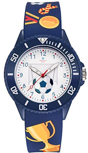 Alienwork Fútbol Niños Reloj de Aprendizaje Infantil Niño Niña Azul Marino Pulsera de Silicona Blanco niños Impermeable 5 ATM Tiempo de Aprender