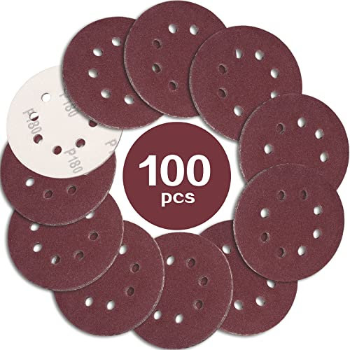 STEBRUAM 100PCS 125mm Sanding Discs 180 Grit, 5 Inch 8 Hole Hook and Loop Sanding Pads for Random Orbital Sander