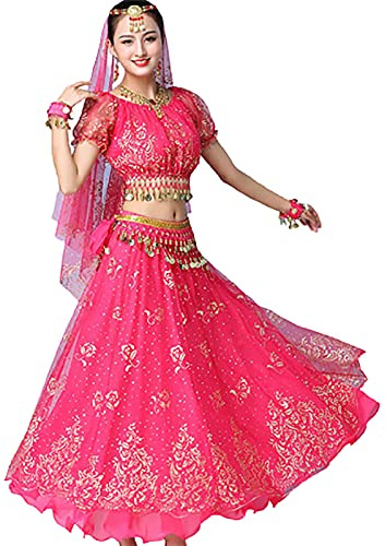 OTMYIGO Damen 5 Stück indisches Tanzkleid Bauchtanz Outfits Bollywood Kleid Kostüm Damen Set Halloween Kostüm Kostüme,Rosa