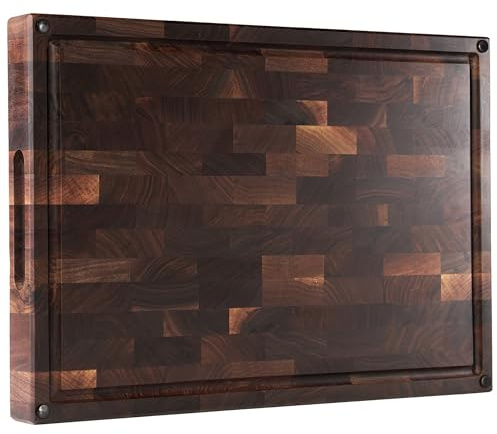 Cozifa American Dark Walnut Wood Cutting Board 17x12x1.6 for Kitchen with Juice Groove, Inner Handles, Gift Box Packaging and End Grain Butcher Block Finished with Linseed Oil, Beeswax & Lemon Oil