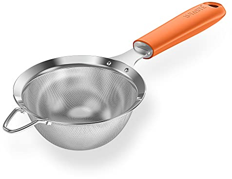 U-Taste 18/8 Stainless Steel Kitchen Mesh Sieve, 9.9cm, Orange | Sturdy Metal Fine Strainer with Riveted Silicone Handle and 30 Hole Flour Sifter for Straining Tea, Coffee, Juice