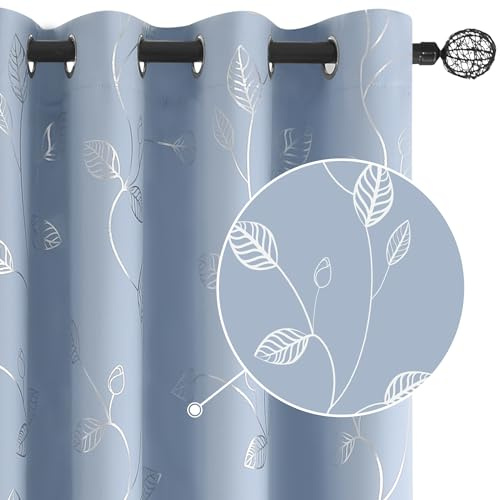 BUHUA Blackout Curtains Pairs 84 Inches Long Room Darkening Curtains with Shinny Silver Leaf Design for Sliding Glass Door 52W×84L Baby Blue 1 Pair
