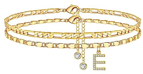 TINGN Fußkettchen für Damen, 14K Vergoldet/Silebr CZ Buchstabe Fussketten für Frauen Fußkettchen Verstellbar Doppelte Fußketten Stabil Figarokette Fußkette Frau Mädchen Tochter Freundin Geschenk