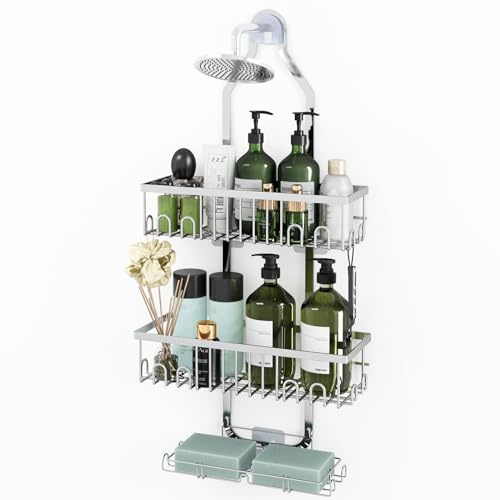 Fixwal Shower Organizer Hanging Over Shower Head, Height Adjustable Bathroom Silver Caddy Shelf Storage with 2 Soap Holders, Hooks for Towels, Sponge, Razor