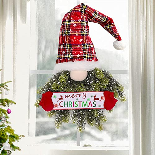 BFYDOAA 13 X 27 Zoll Weihnachtszwergkranz, Künstlicher Kiefern-Fichten-Kranz mit „Frohe Weihnachten“-Schild für die Haustür, Fenster, Wand(Gnom)